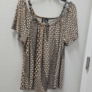 New Directions Brown and Cream Smocked Blouse